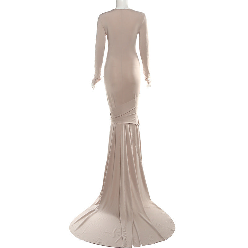 Summer Sexy Slim Hollow Out Cutout Long Sleeve Solid Color Elegant Dress Maxi Dress