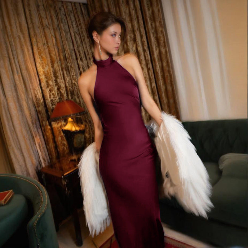 Sexy Backless Halter Satin Dress Women Elegant Dress Maxi Dress