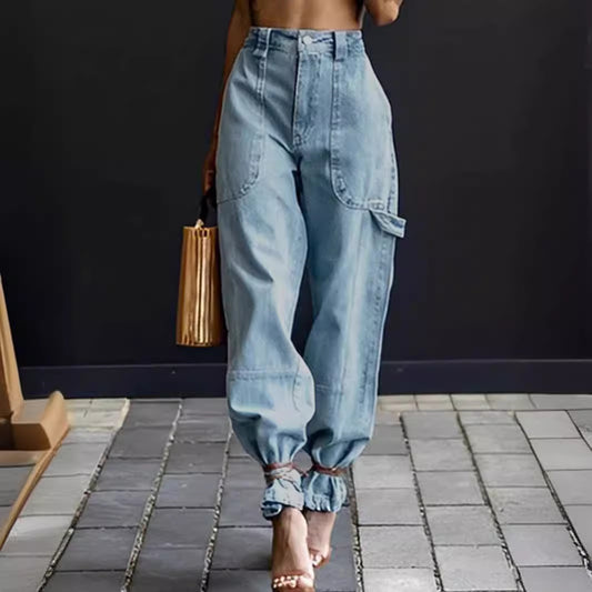 Popular Women Jeans Personality Street Hipster Ankle Banded Pants Light Blue High Grade Slimming