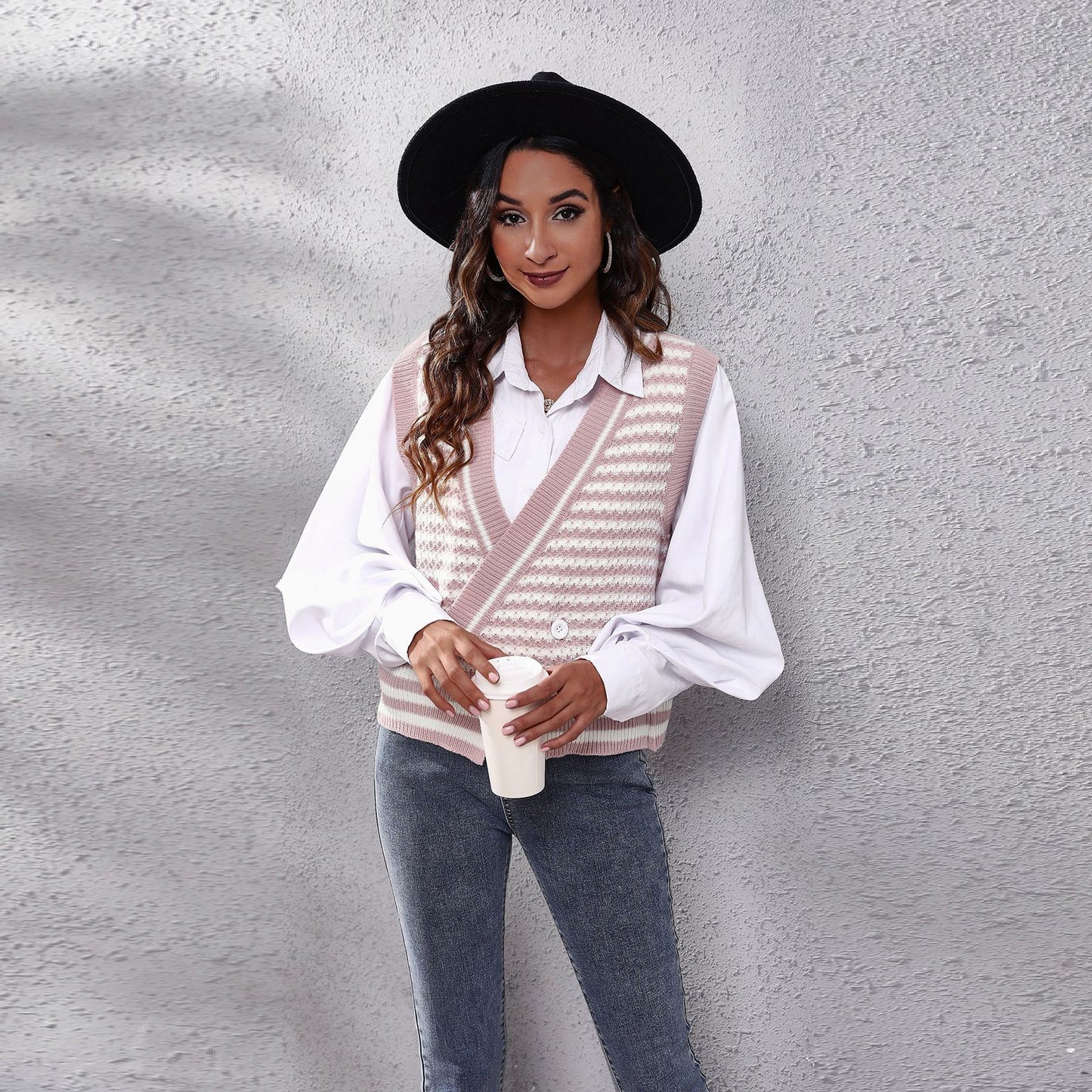 Popular Striped Knitted Cardigan Sweater Waistcoat Women Vest Autumn Winter Women Clothing