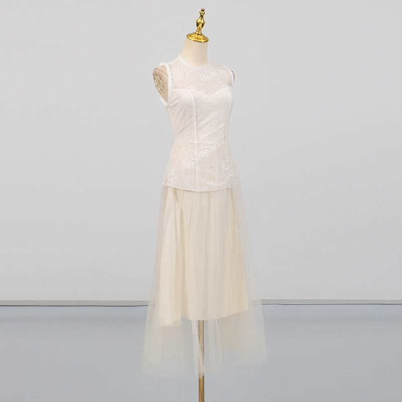 Women Elegant High Grade Dress Summer Lace Embroidered Mesh Stitching Sleeveless Dress