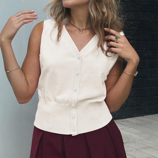 Casual Vacation Solid Color Buttons T shirt Women Vests Spring Summer
