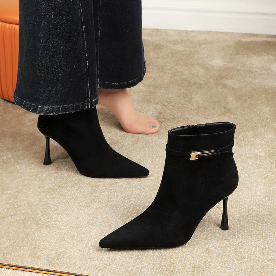 Sexy Boots Pointed Toe Suede Stiletto Heel Belt Buckle Side Zipper High Heel Boots Women