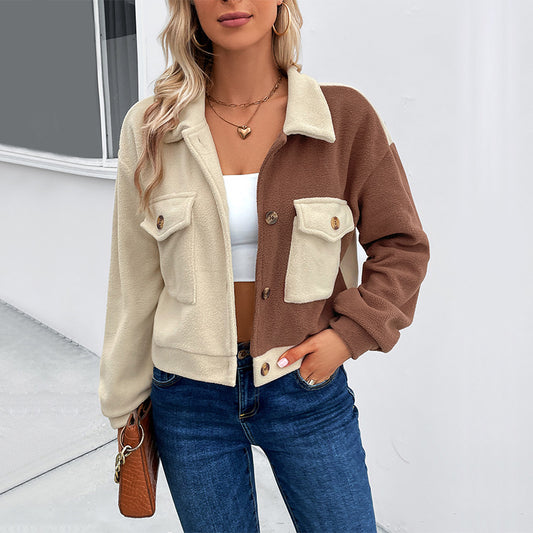 Autumn Women Clothing Color Matching Polar Fleece Jacket Women