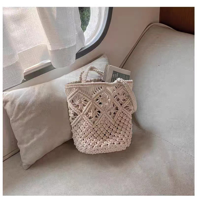 Artistic Simple Cotton Thread Shoulder Woven Bag Summer Niche Hollow Out Cutout Straw Bag Portable Women Bag Vacation Beach Bag