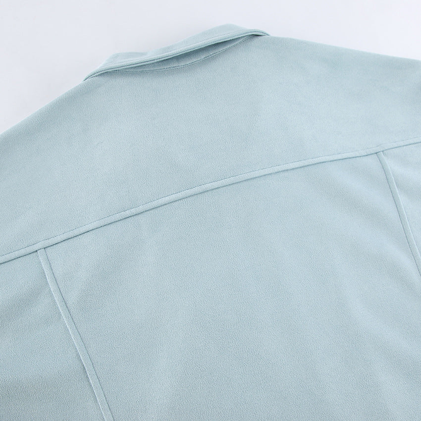 Retro Leather Coat Women Niche Blue Cool Feeling High Street Fashionable Zipper Autumn Winter Suede Jacket