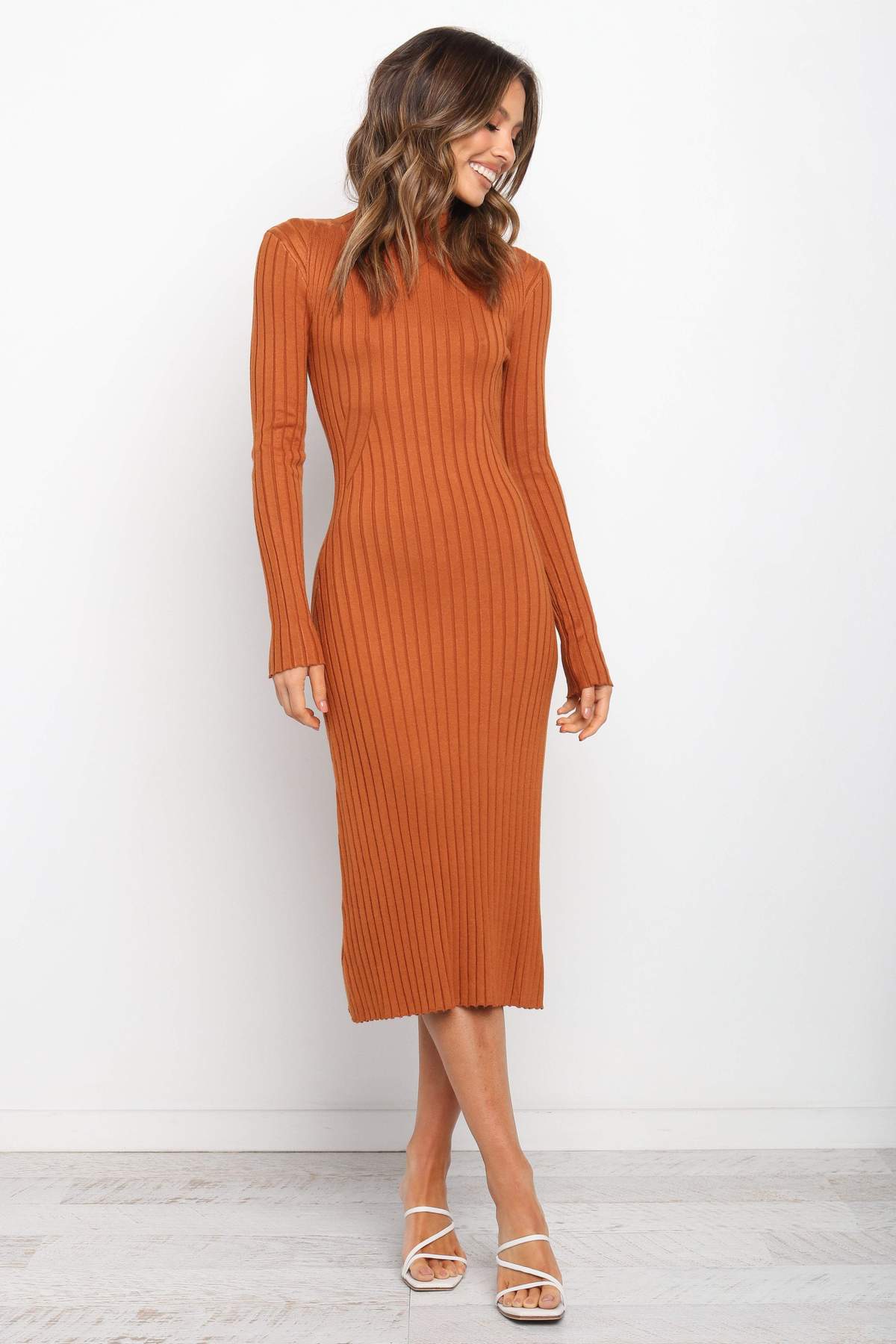 Autumn Winter Long Sleeve Solid Color Striped round Neck Wool Women Clothing Dress