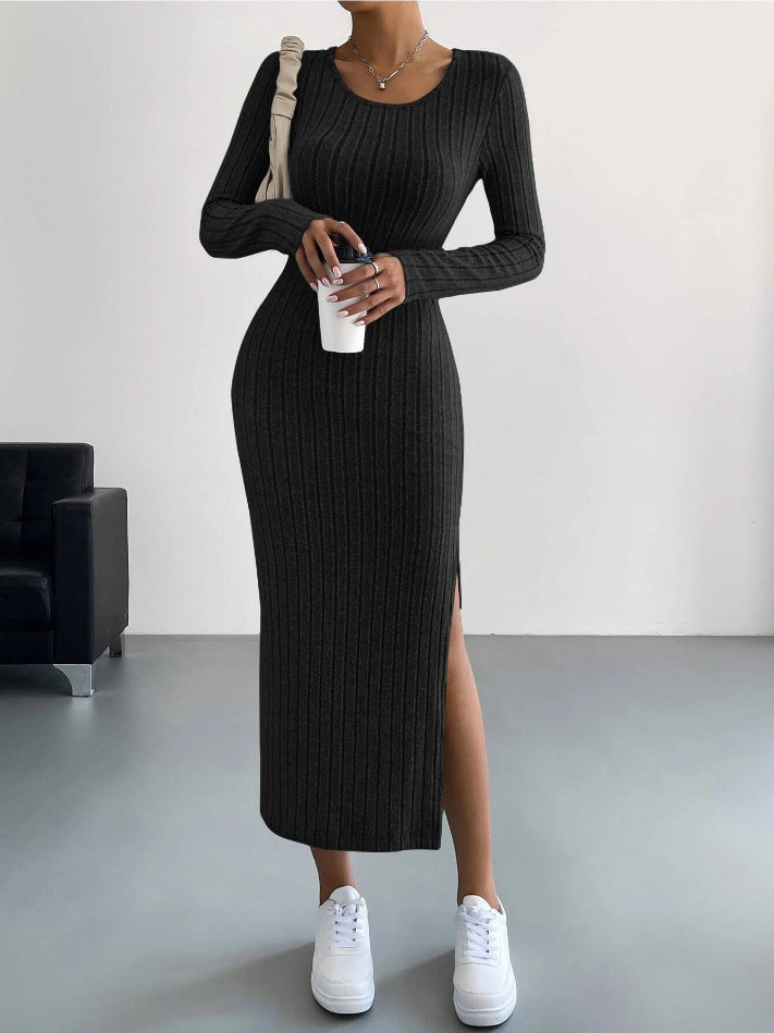 Autumn Winter Long Sleeve Crew Neck Split Knitted Maxi Dress Women