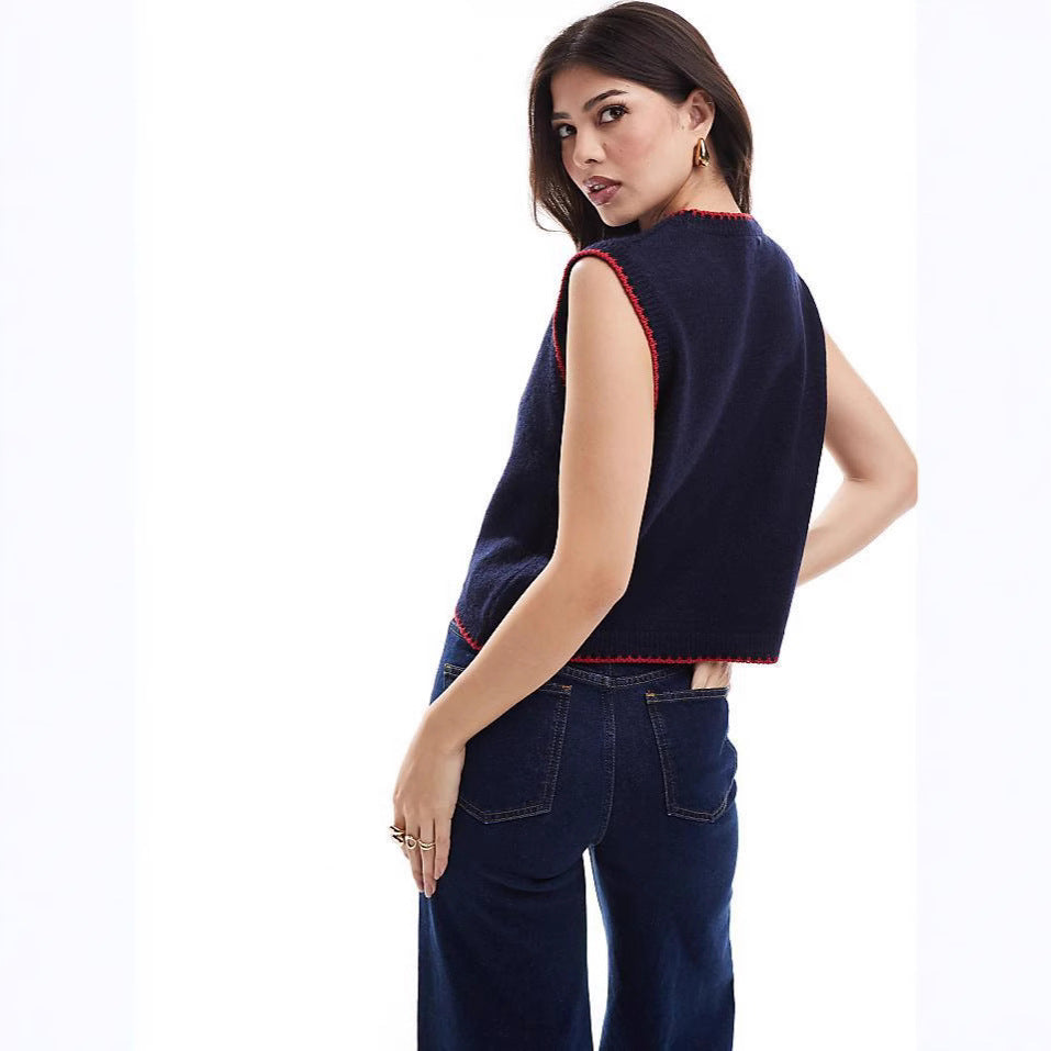 Knitted Vest round Neck Jacquard Outer Wear Sleeveless Vest for Women
