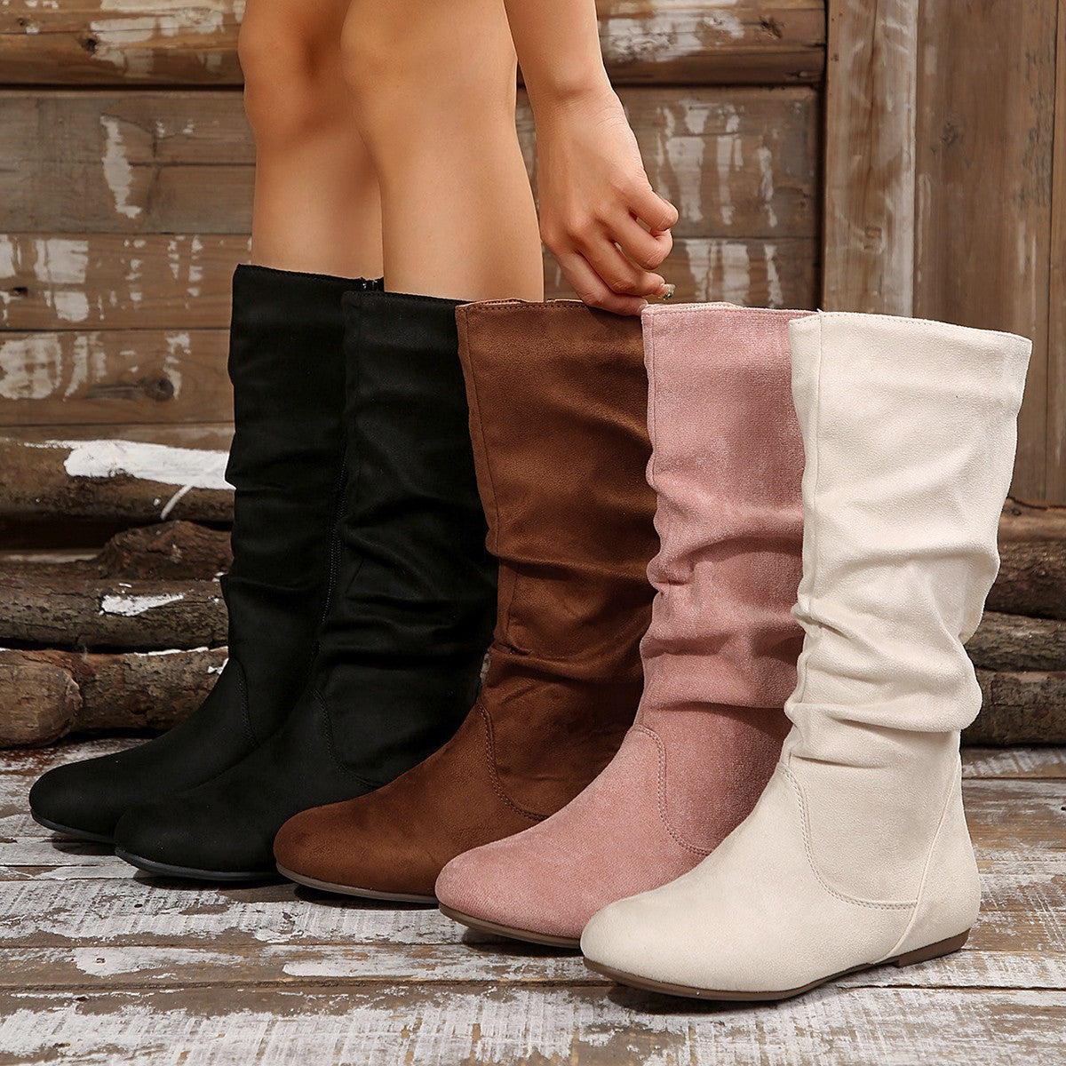 Suede Mid Calf Boots Women Side Zipper Pleated Pile Boots Flat Western Cowboy Boots