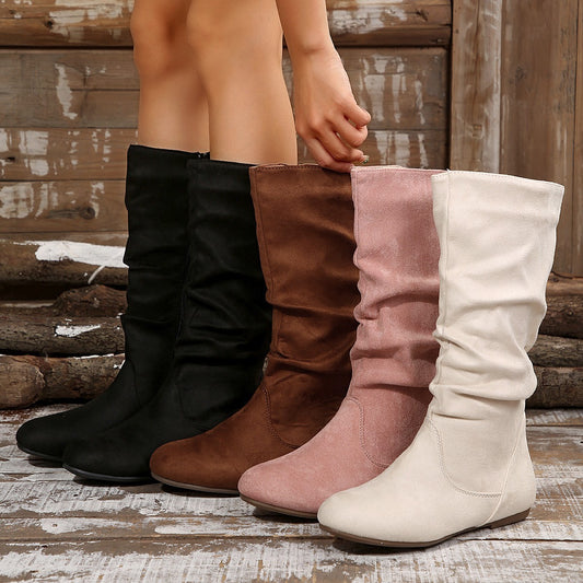 Suede Mid Calf Boots Women Side Zipper Pleated Pile Boots Flat Western Cowboy Boots
