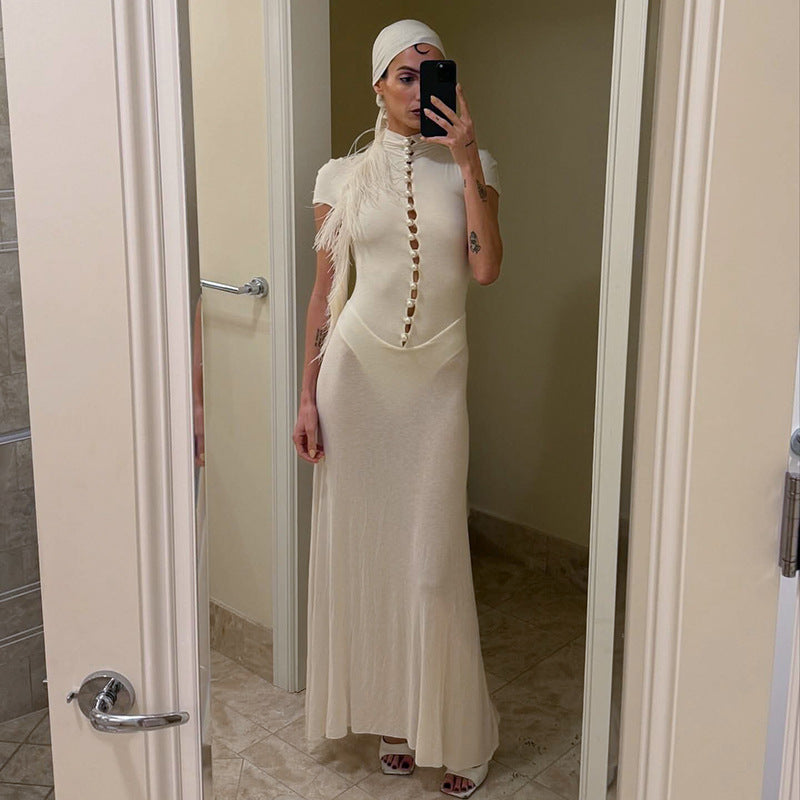 Women Clothing Autumn Winter Retro Short Sleeve Beads Decorative Hollow Out Cutout Turtleneck Dress