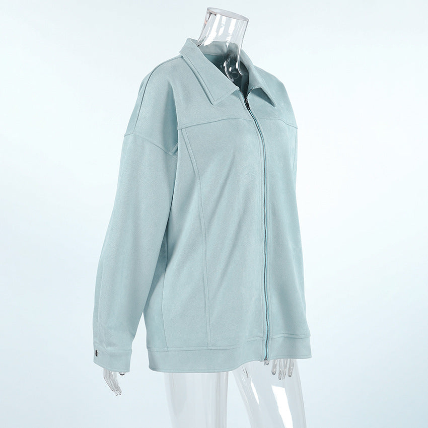 Retro Leather Coat Women Niche Blue Cool Feeling High Street Fashionable Zipper Autumn Winter Suede Jacket