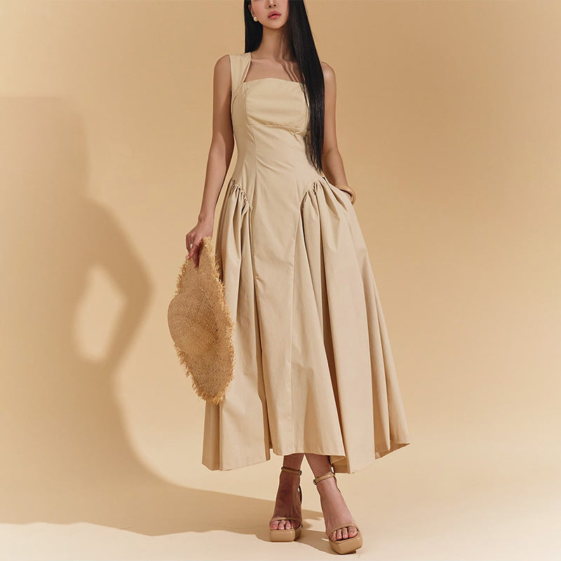 Retro Cami Dress Early Spring Solid Color Sleeveless Elegant Stitching Ruffled Dress Women