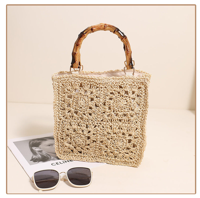 Bamboo Handle Straw Bag Paper String Square Crocheted Women Bag Fresh Casual Woven Bag Beach Bag