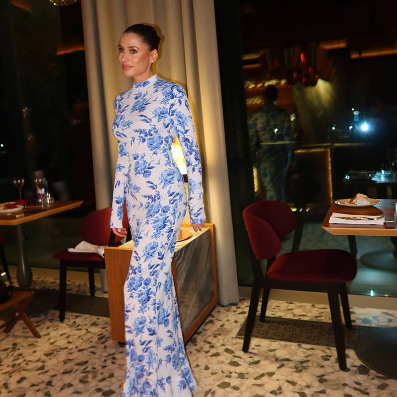 Half High Collar Long Sleeves Printed Fishtail Dress Women Autumn Sexy Dress