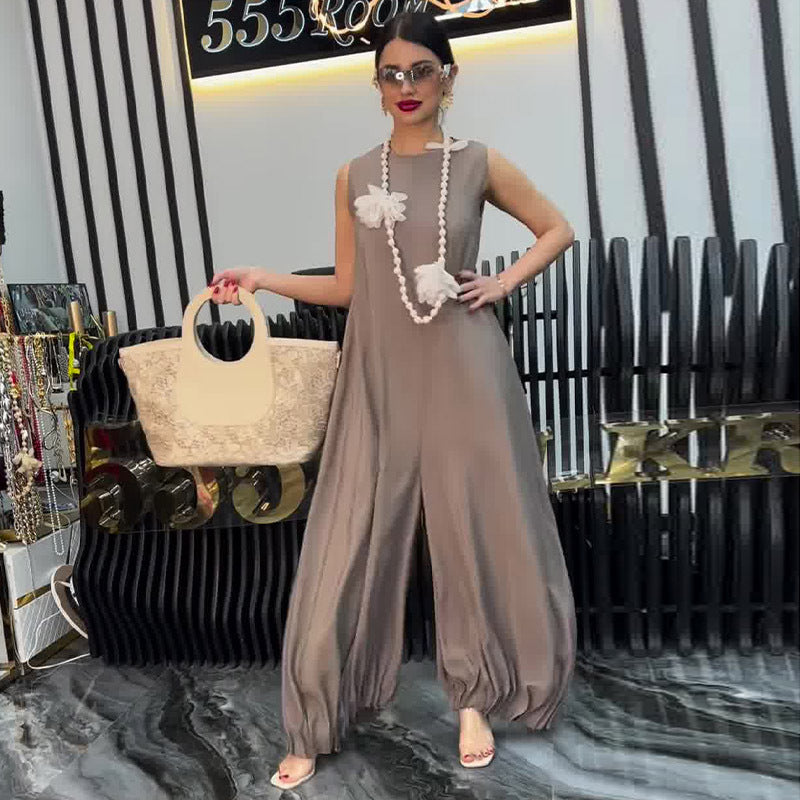 Summer Sling Wide Leg Casual Jumpsuit Women Pleated Jumpsuit