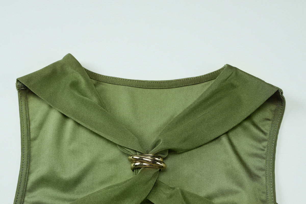 Women Clothing Summer Sleeveless Halter Pleated Waist Tight Slim Sexy Skinny Sheath Dress