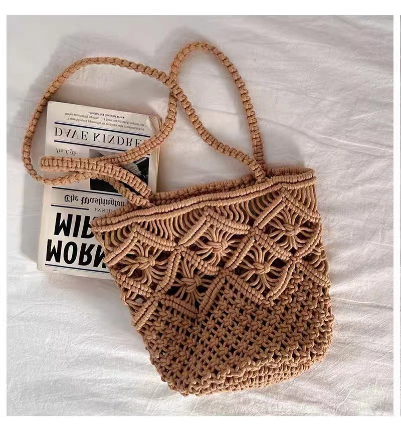 Artistic Simple Cotton Thread Shoulder Woven Bag Summer Niche Hollow Out Cutout Straw Bag Portable Women Bag Vacation Beach Bag
