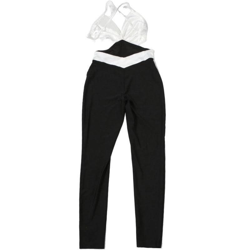 Summer Women Clothes Sexy Backless Contrast Color High Waist Tight Slimming One Piece Trousers