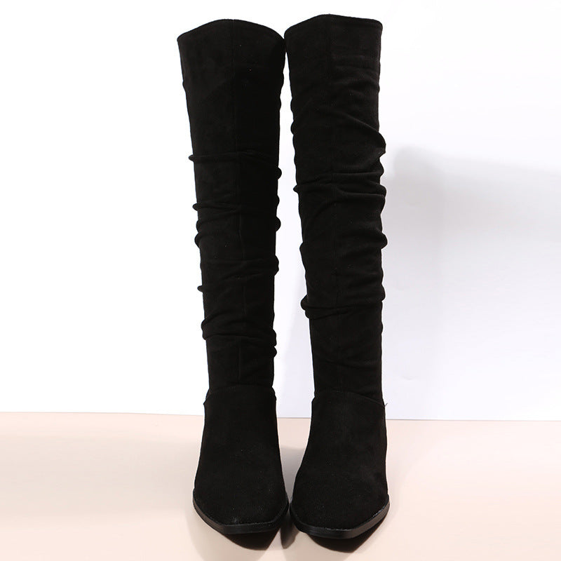 Square Heel Pointed Toe Mid Calf Length Knight Boots Women Suede Pleated Pile Sleeve Pointed Boots