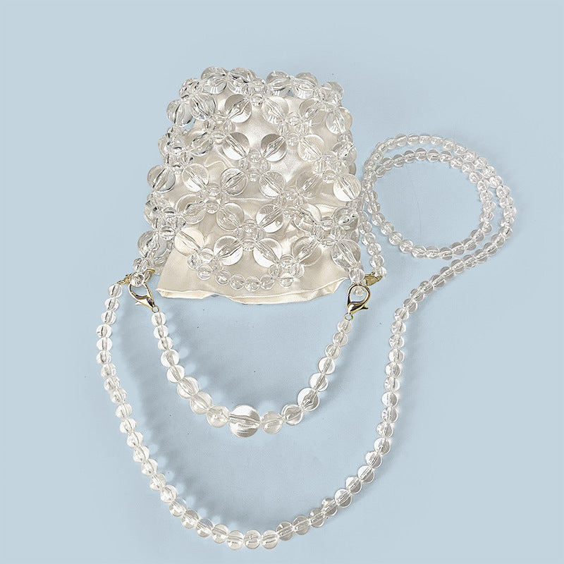 Transparent Irregular Asymmetric Hand Woven Acrylic Crystal String Beads Cocktail Mobile Phone Bag Cross Body Bucket Pouch