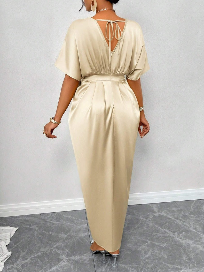 Women Clothing Early Autumn Satin Dress Ball Gown Satin Waist Tight Maxi Dress