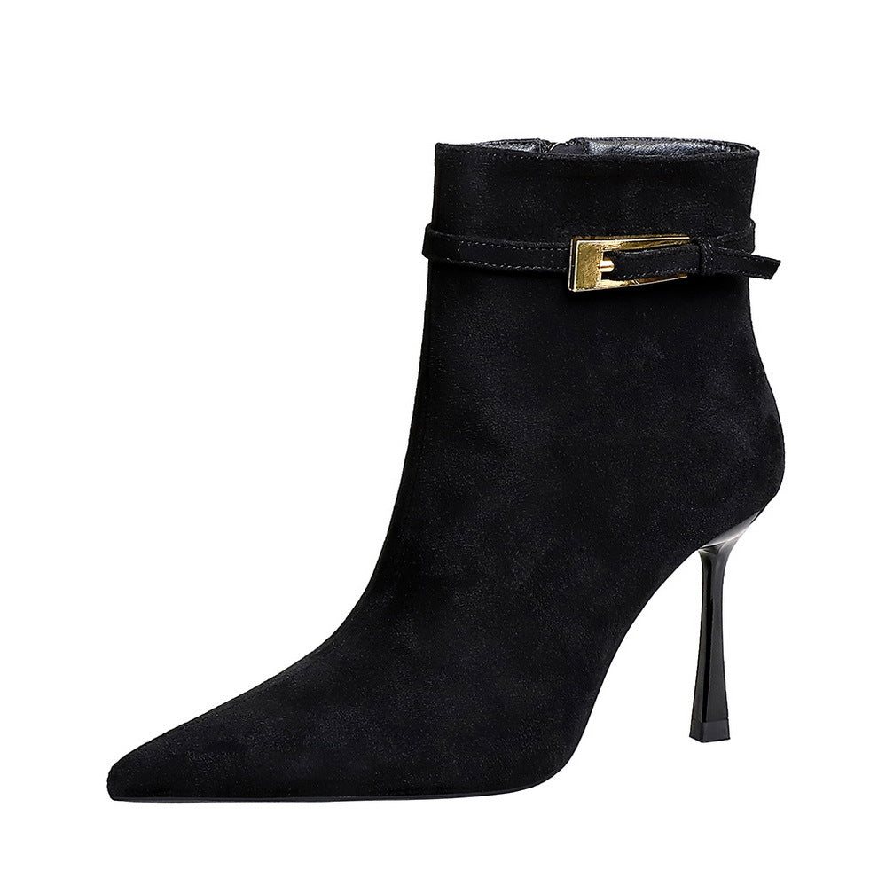 Sexy Boots Pointed Toe Suede Stiletto Heel Belt Buckle Side Zipper High Heel Boots Women