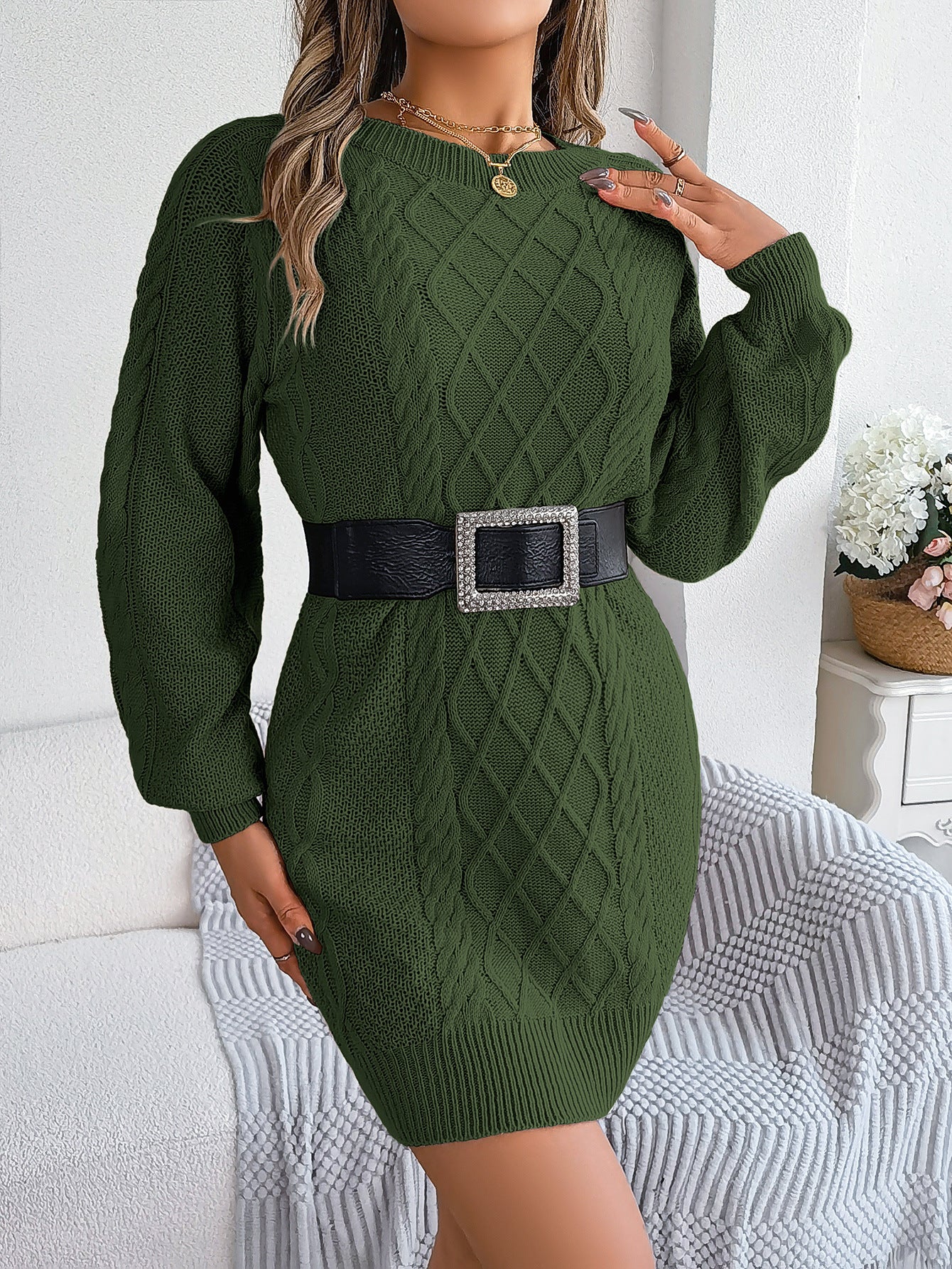 Autumn Winter Solid Color Twist Fitted Waist Lantern Long Sleeve Sweater Dress Women Clothing Without belt