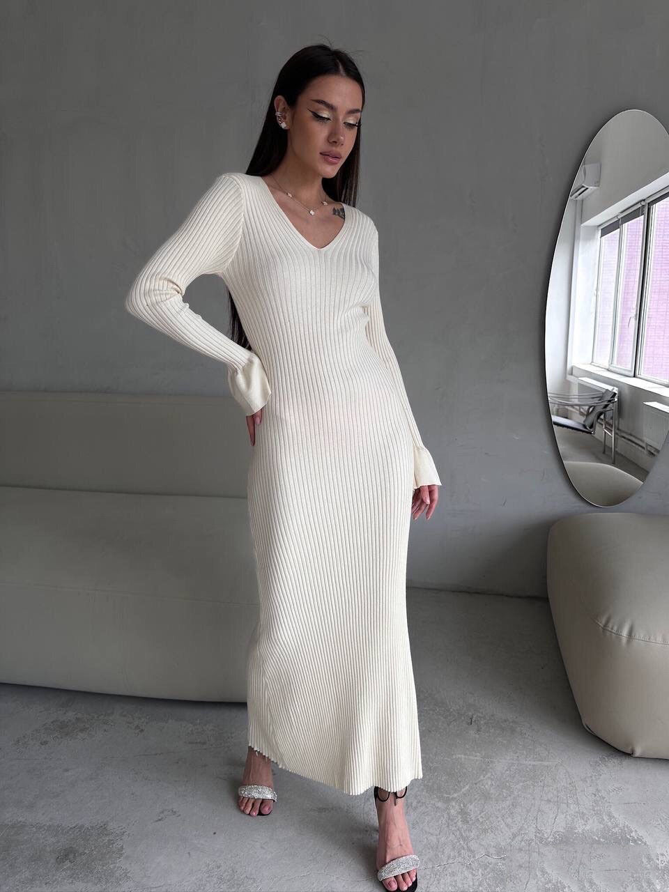 Long Sleeve V neck Tight Knitted Dress Solid Color Rib Fabric Wool Long Autumn Winter Dress