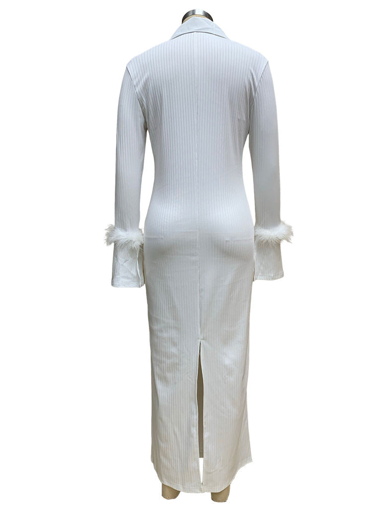 Spring Women Clothing Polo Collar Long Sleeve Feather Mid Length Sunken Stripe Dress