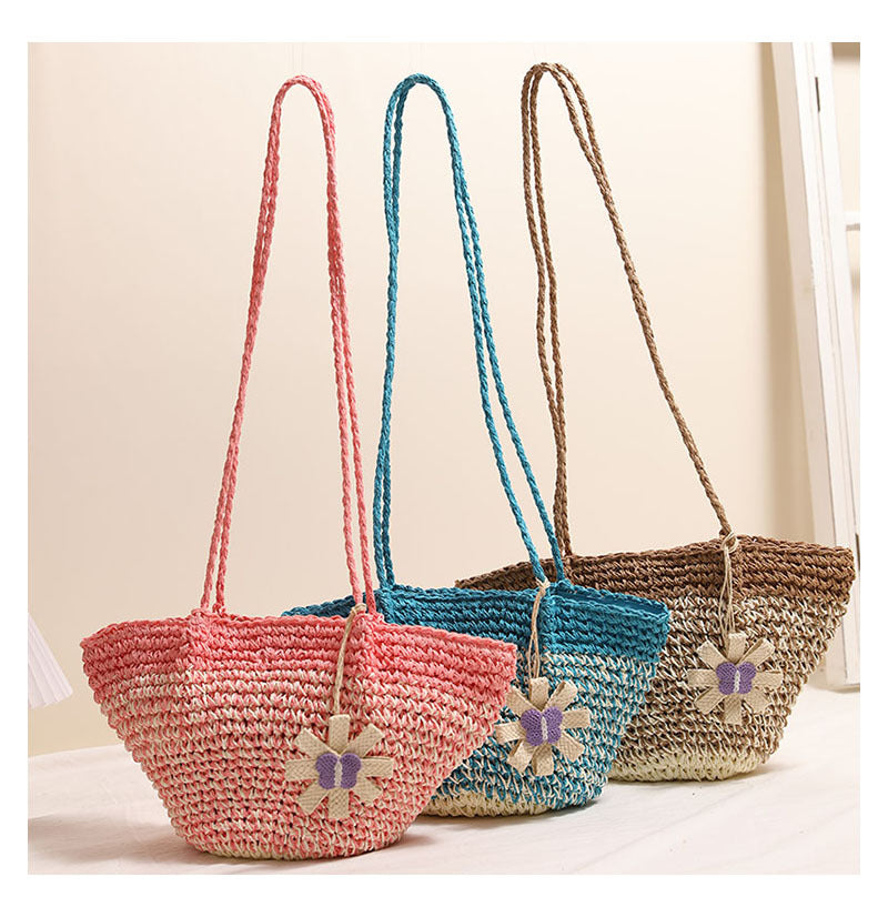 Fresh Floral Straw Bag Niche Gradient Color Straw Bag Woven Bag Vacation Beach Bag Shoulder Bag