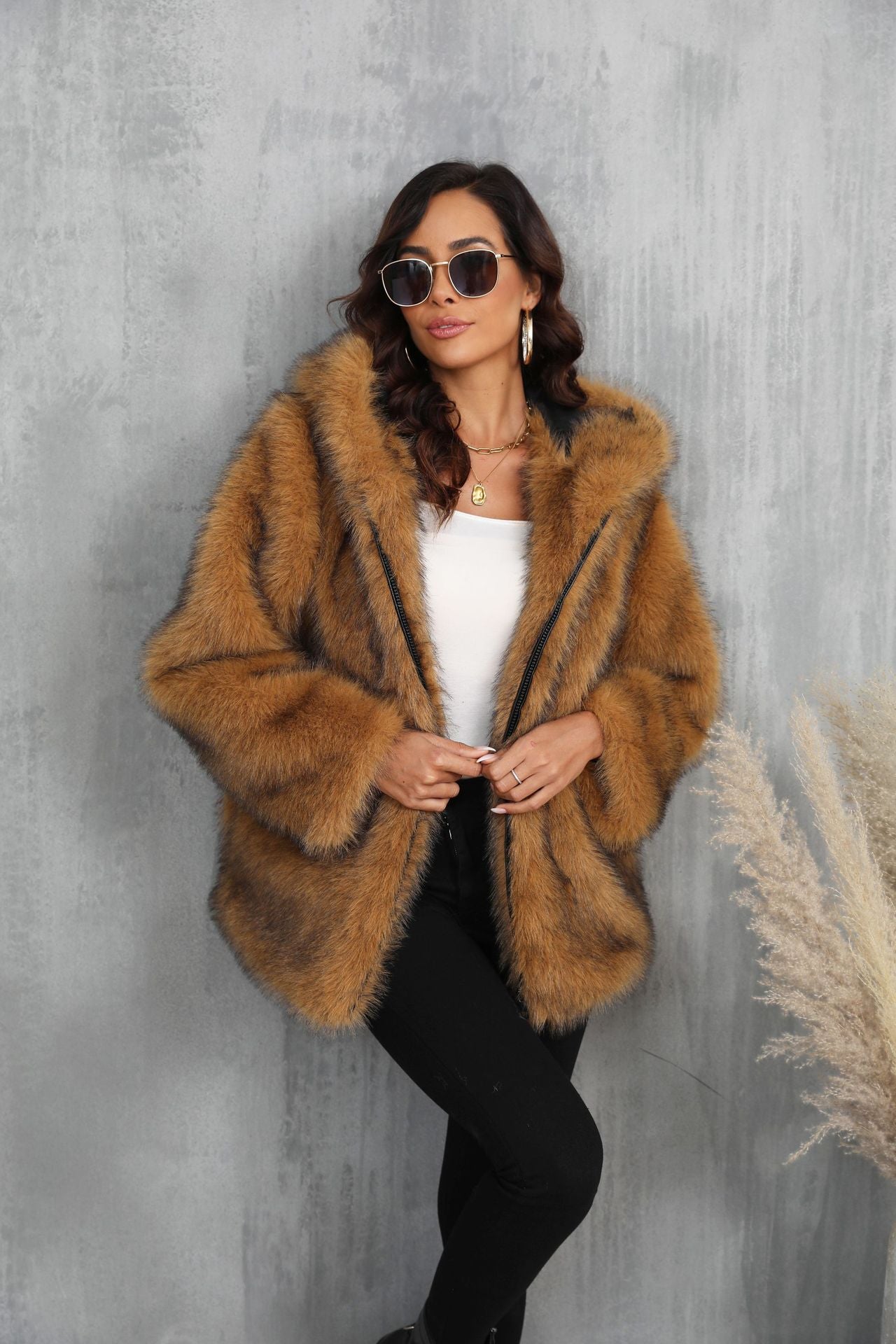 Faux Fur Coat Solid Color Loose Hooded Short Fur Collar Coat Winter Coat Warm Winter Clothing