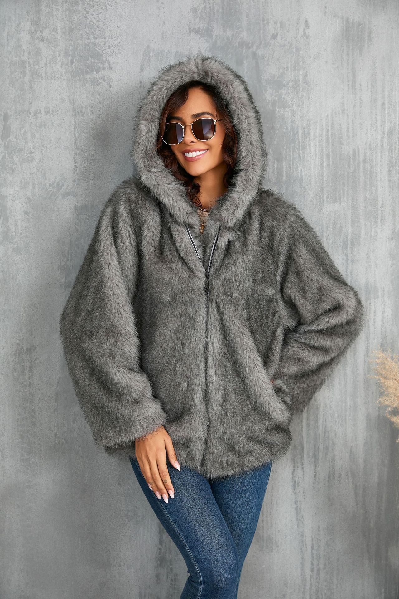 Faux Fur Coat Solid Color Loose Hooded Short Fur Collar Coat Winter Coat Warm Winter Clothing