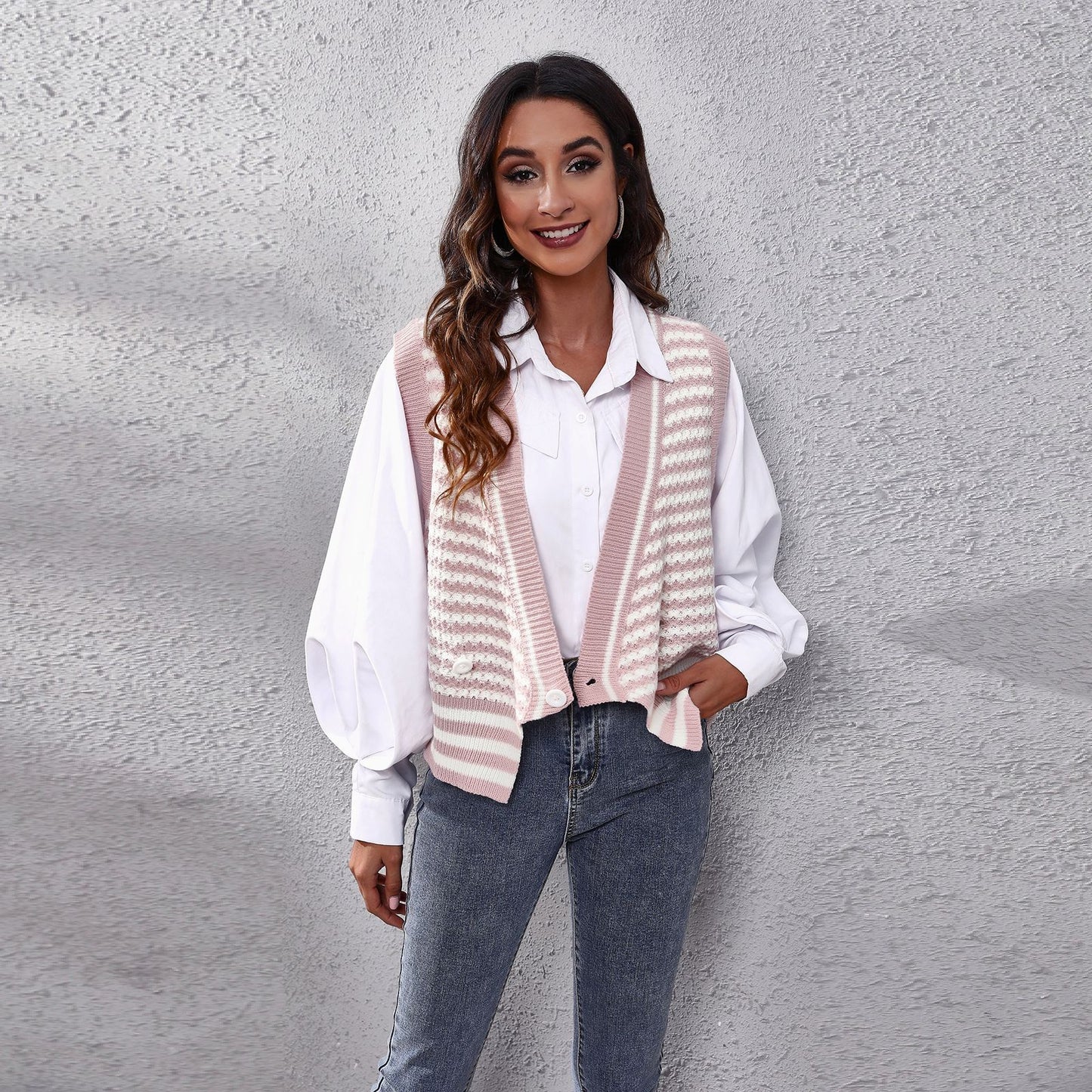 Popular Striped Knitted Cardigan Sweater Waistcoat Women Vest Autumn Winter Women Clothing