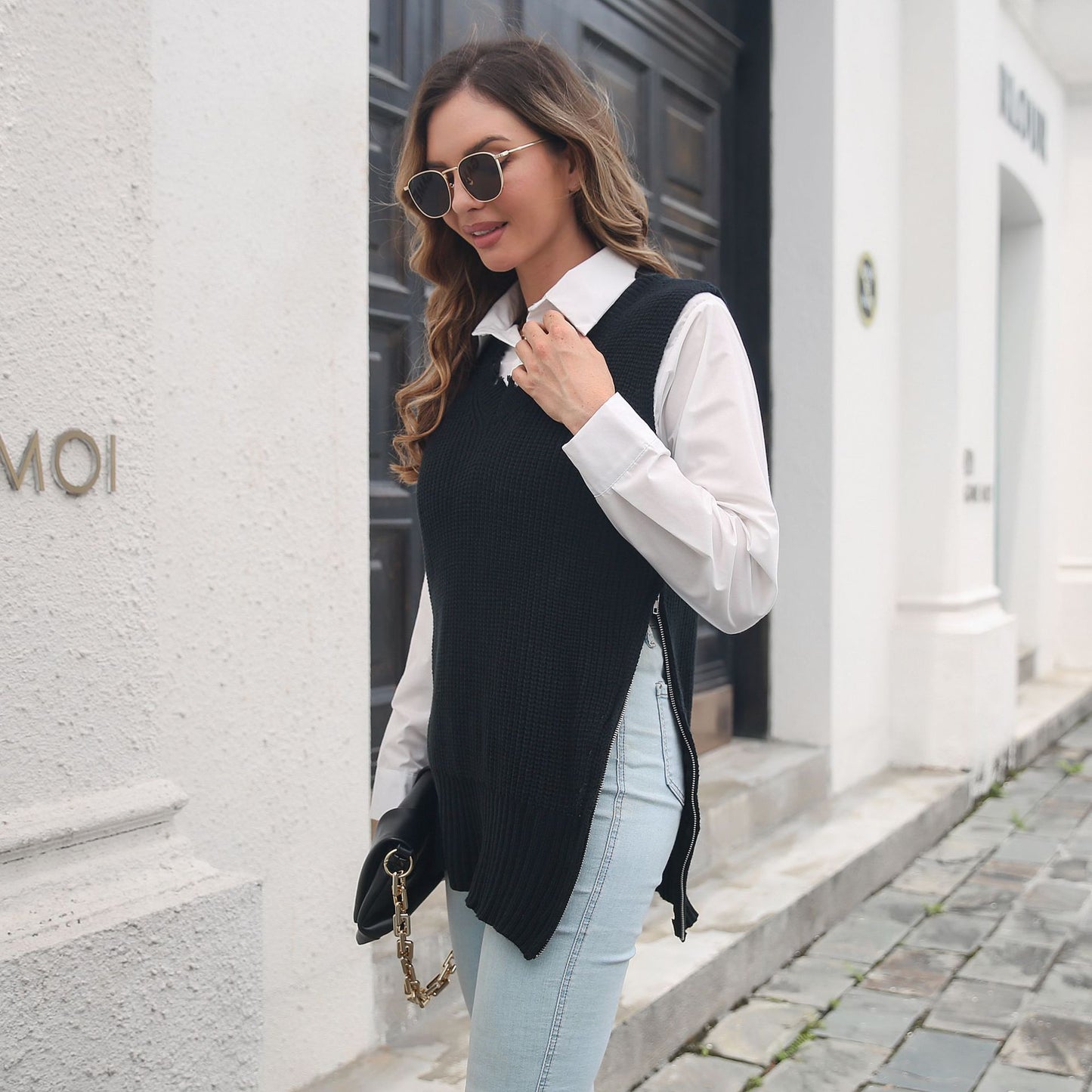 Personalized Side Zipper Split V-neck Vest Knitted Sweater Women Ripped Vest Outer Wear Women Clothing Sweater