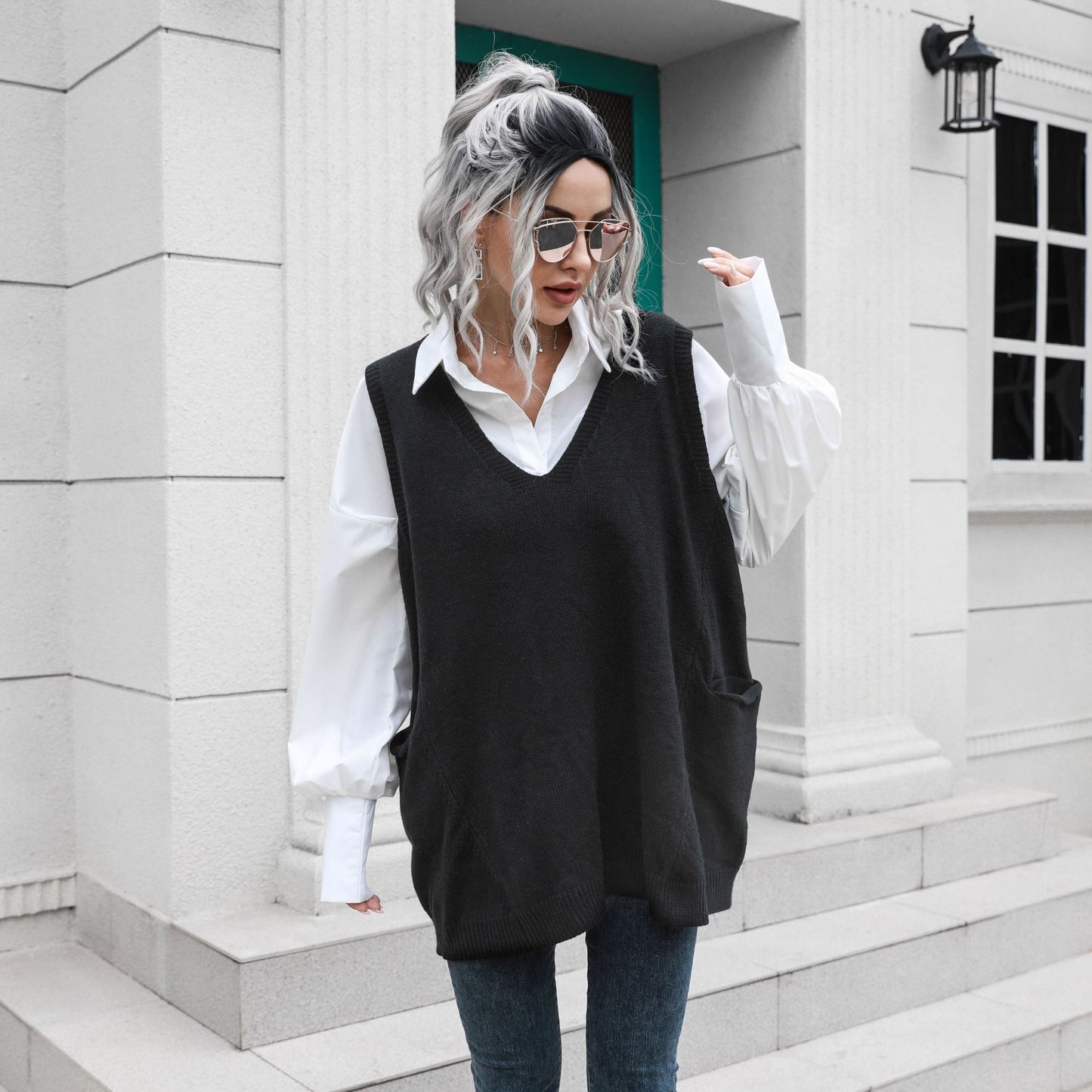 Pocket Large Swing V-neck Mid-Length Vest Sweater Women Loose-Fitting Waistcoat Outer Wear Inner Wear Autumn Winter