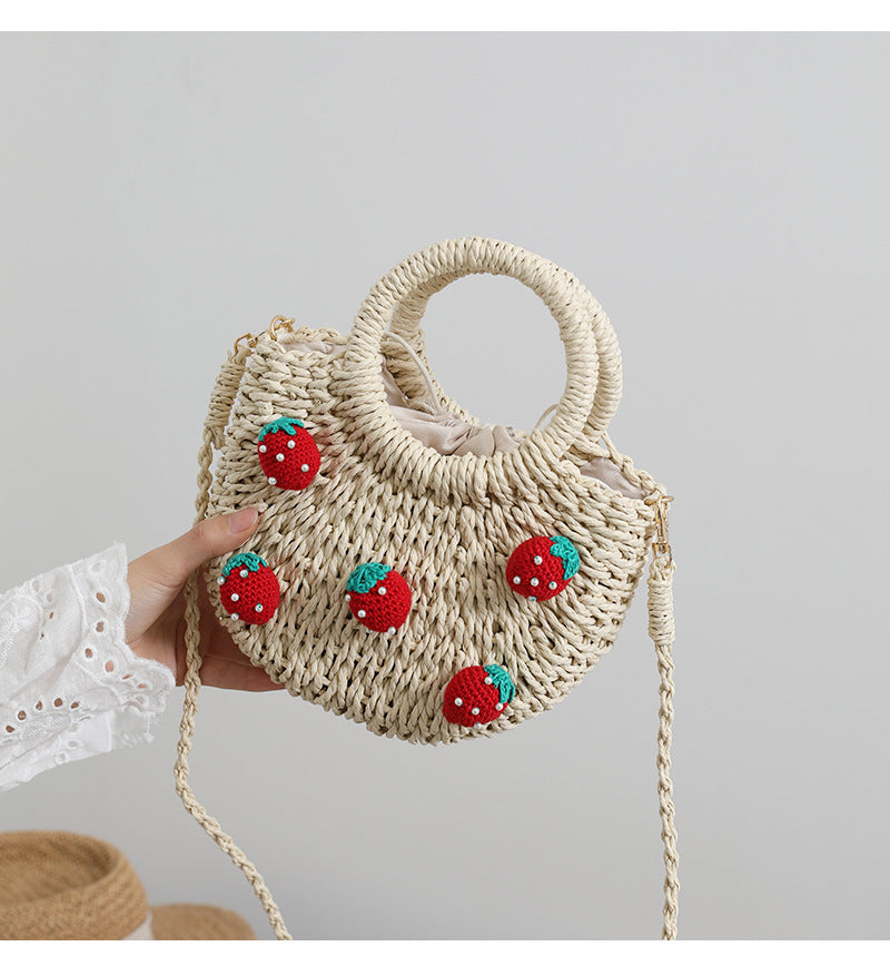 Cute Cherry Fresh Straw Bag Woven Tote Strawberry Cross Body Bag Vacation Beach Bag