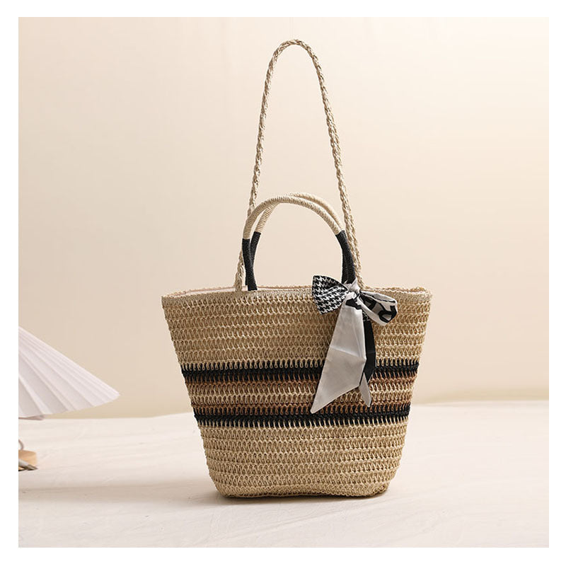 Striped Shoulder Straw Bag Silk Scarf Woven Tote Women Seaside Vacation Beach Bag