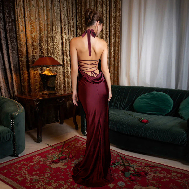 Sexy Backless Halter Satin Dress Women Elegant Dress Maxi Dress