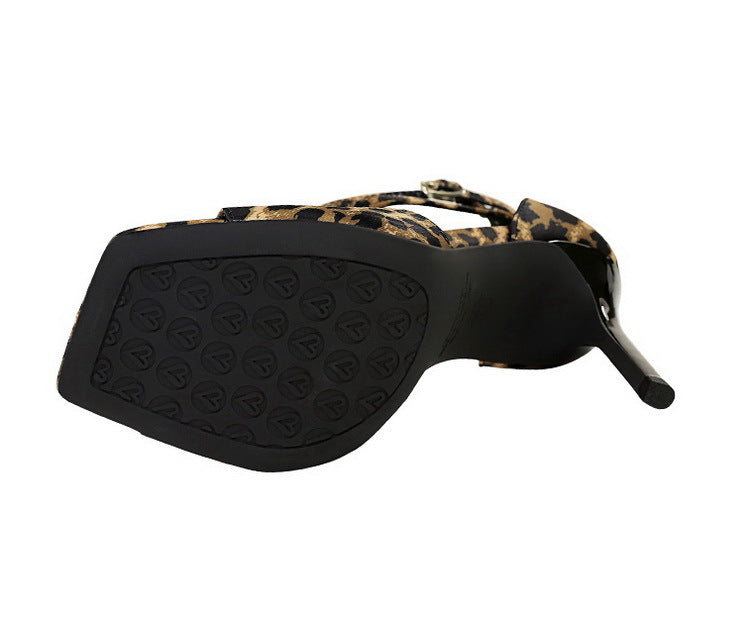 Cocktail Sexy Leopard Print Square Toe Suede Stiletto Women Shoes Hollow Out Cutout out Strap Super High Heel Sandals