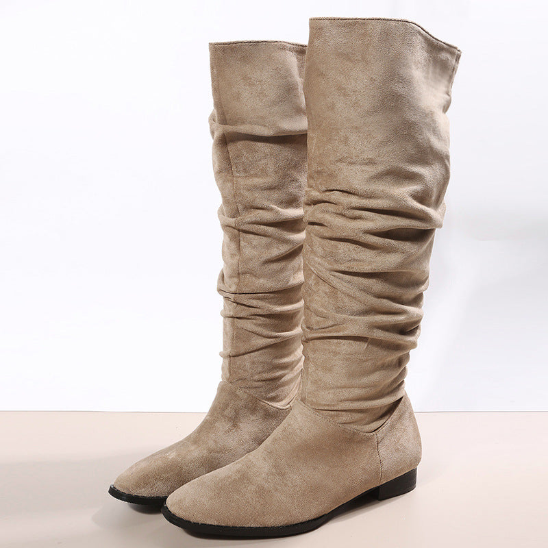 Square Heel Pointed Toe Mid Calf Length Knight Boots Women Suede Pleated Pile Sleeve Pointed Boots