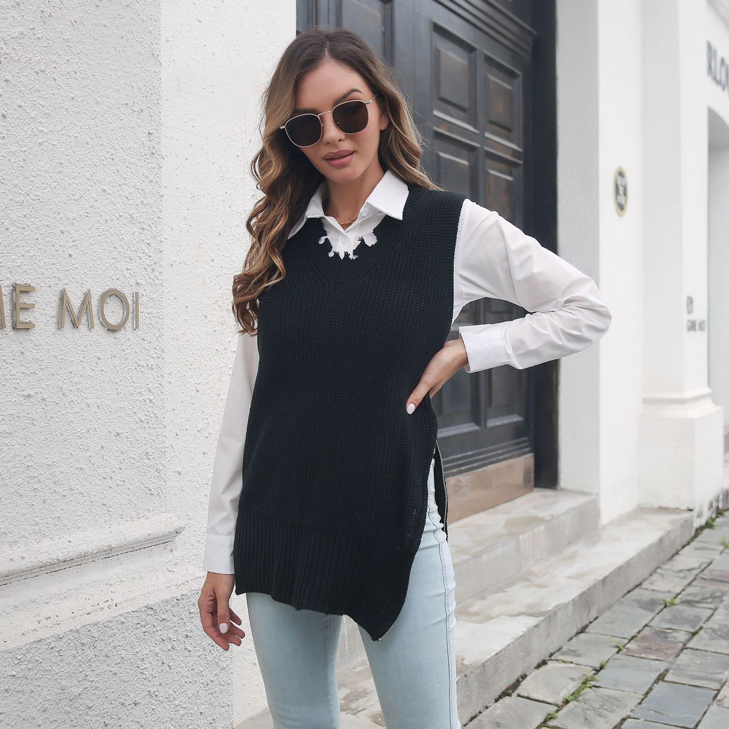 Personalized Side Zipper Split V-neck Vest Knitted Sweater Women Ripped Vest Outer Wear Women Clothing Sweater