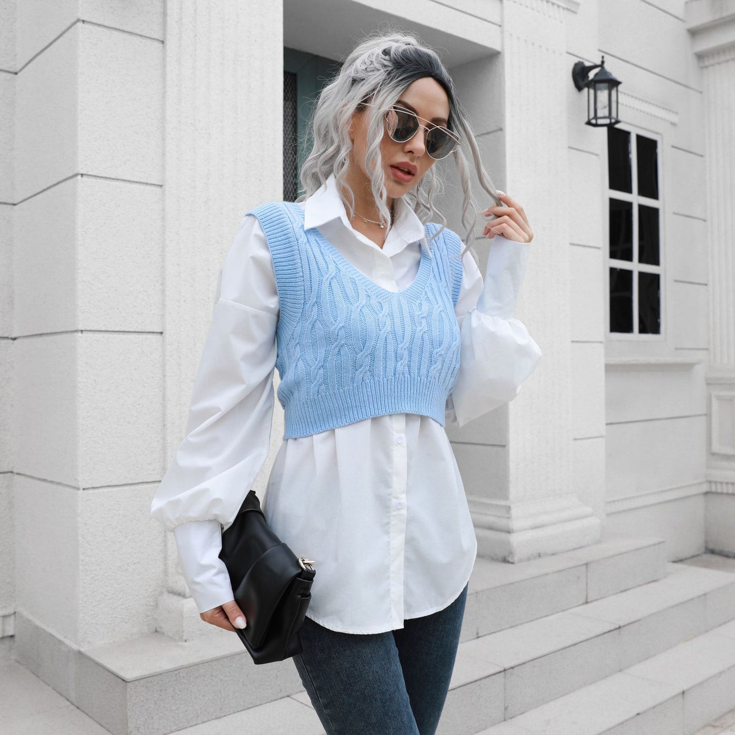 Twist V-neck Short Vest Sweater Women Short Vest Autumn Winter Outer Wear Inner Wear Knitwear Sweater