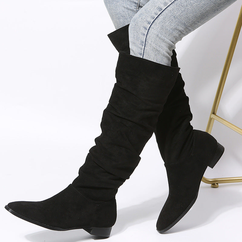 Square Heel Pointed Toe Mid Calf Length Knight Boots Women Suede Pleated Pile Sleeve Pointed Boots