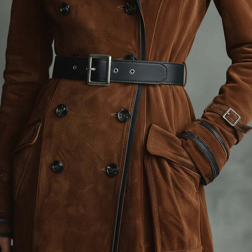 Women Clothing Fall Winter Coat Collared Western Suede Long Trench Coat