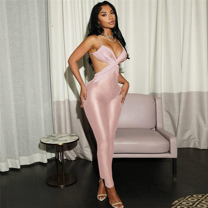 Summer Women Clothes Sexy Backless Contrast Color High Waist Tight Slimming One Piece Trousers