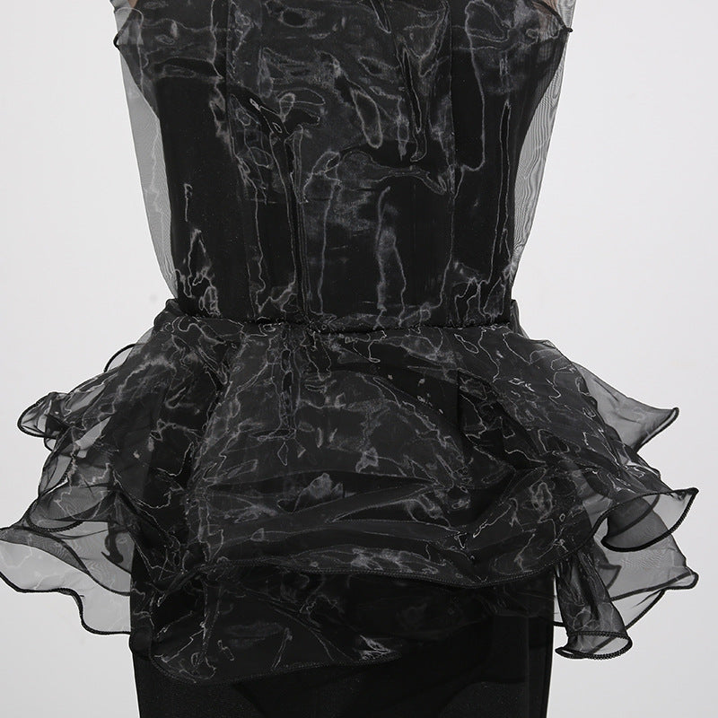 Women Stitching Mesh Design High Waist Sheath Maxi Dress