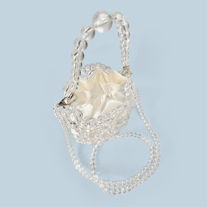 Transparent Irregular Asymmetric Hand Woven Acrylic Crystal String Beads Cocktail Mobile Phone Bag Cross Body Bucket Pouch