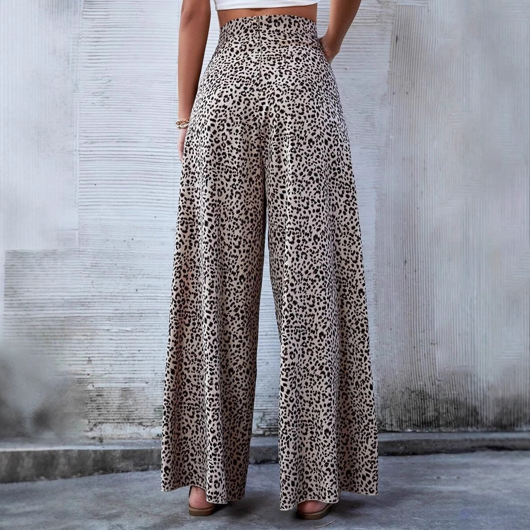 Women Clothing Spring Summer Loose High Waist Leopard Print Printed Wide Leg Pants